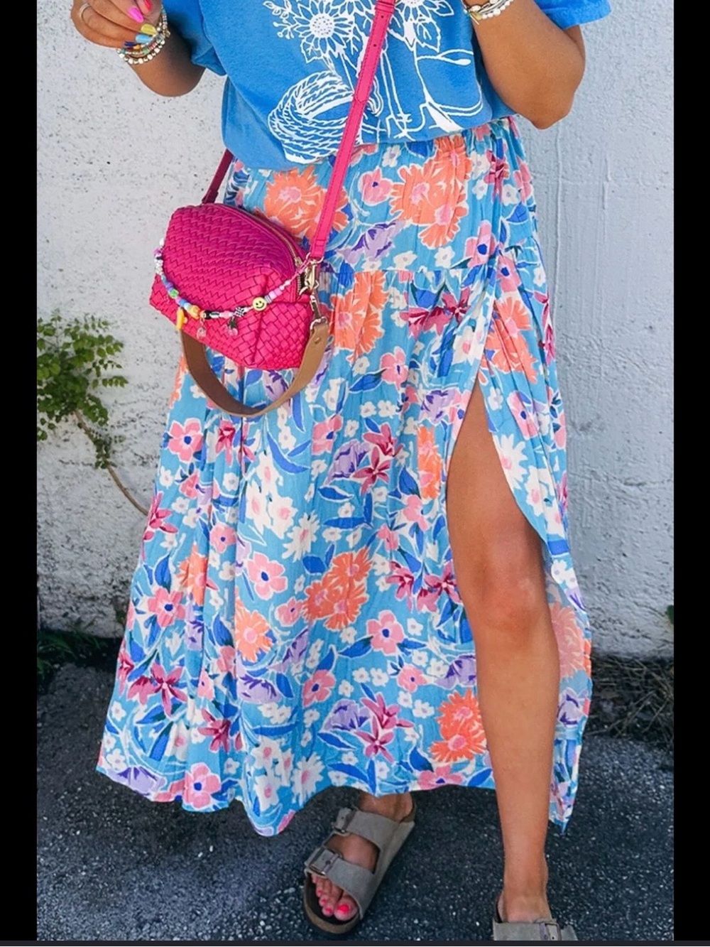 Floral Blue & Coral Maxi Skirt with Side Slit